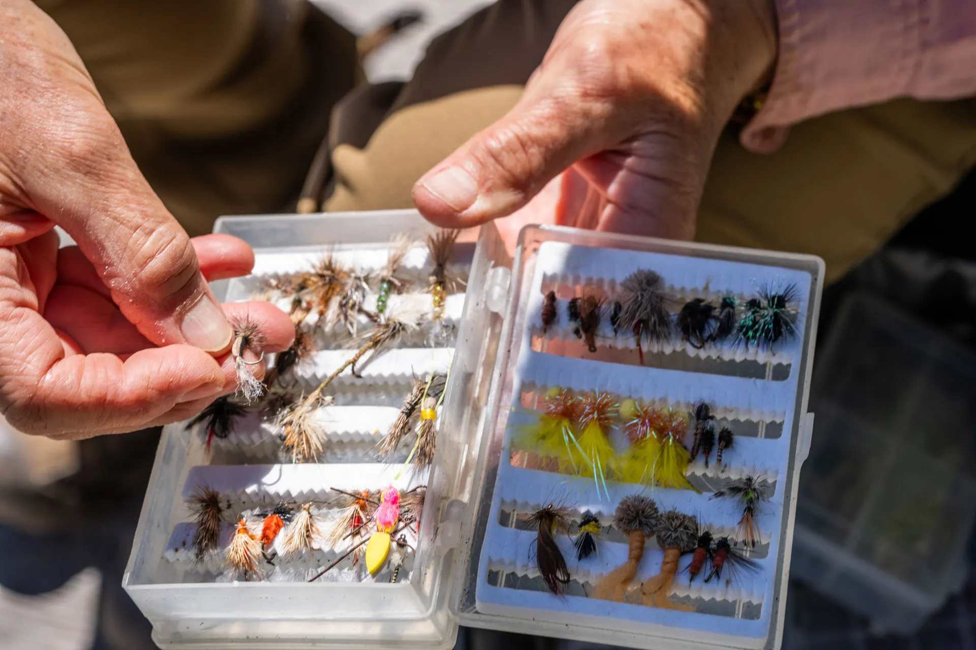 Two open fly boxes held in weathered hands, rows of dry flies and streamers