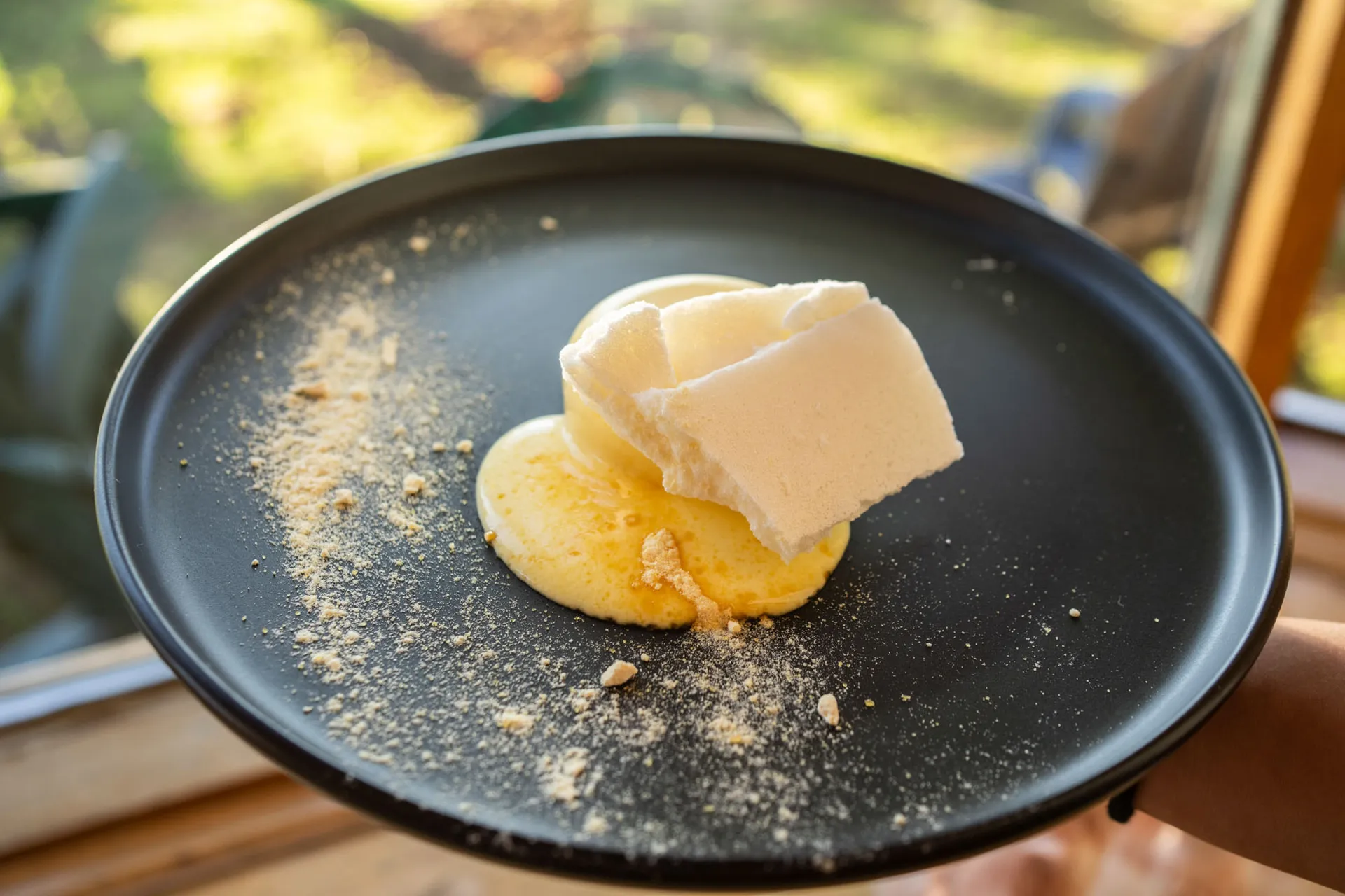 Slice of cheesecake with crumble on a dark plate, held up against the garden beyond