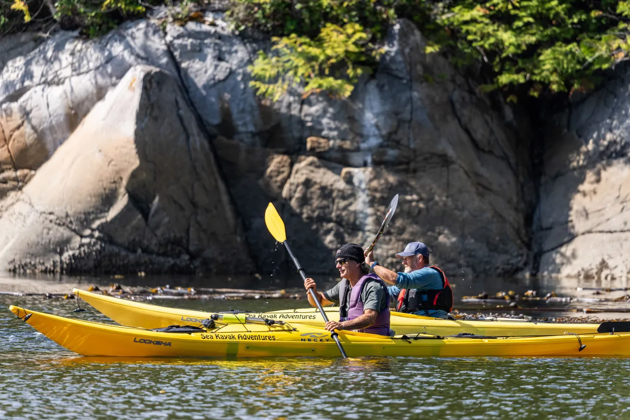Two kayakers in yellow sea kayaks paddling beneath a steep grey rock face