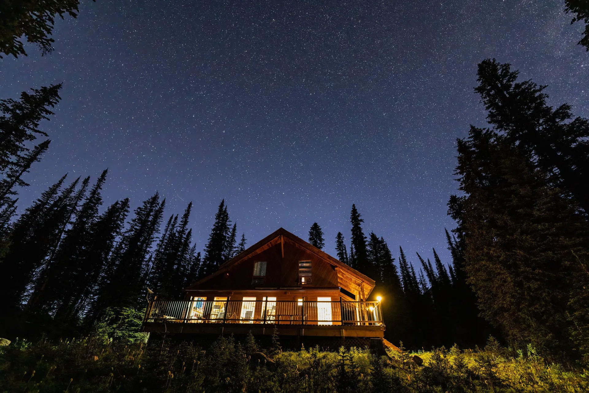 The lodge lit from within beneath a dense field of stars, framed by tall spruce