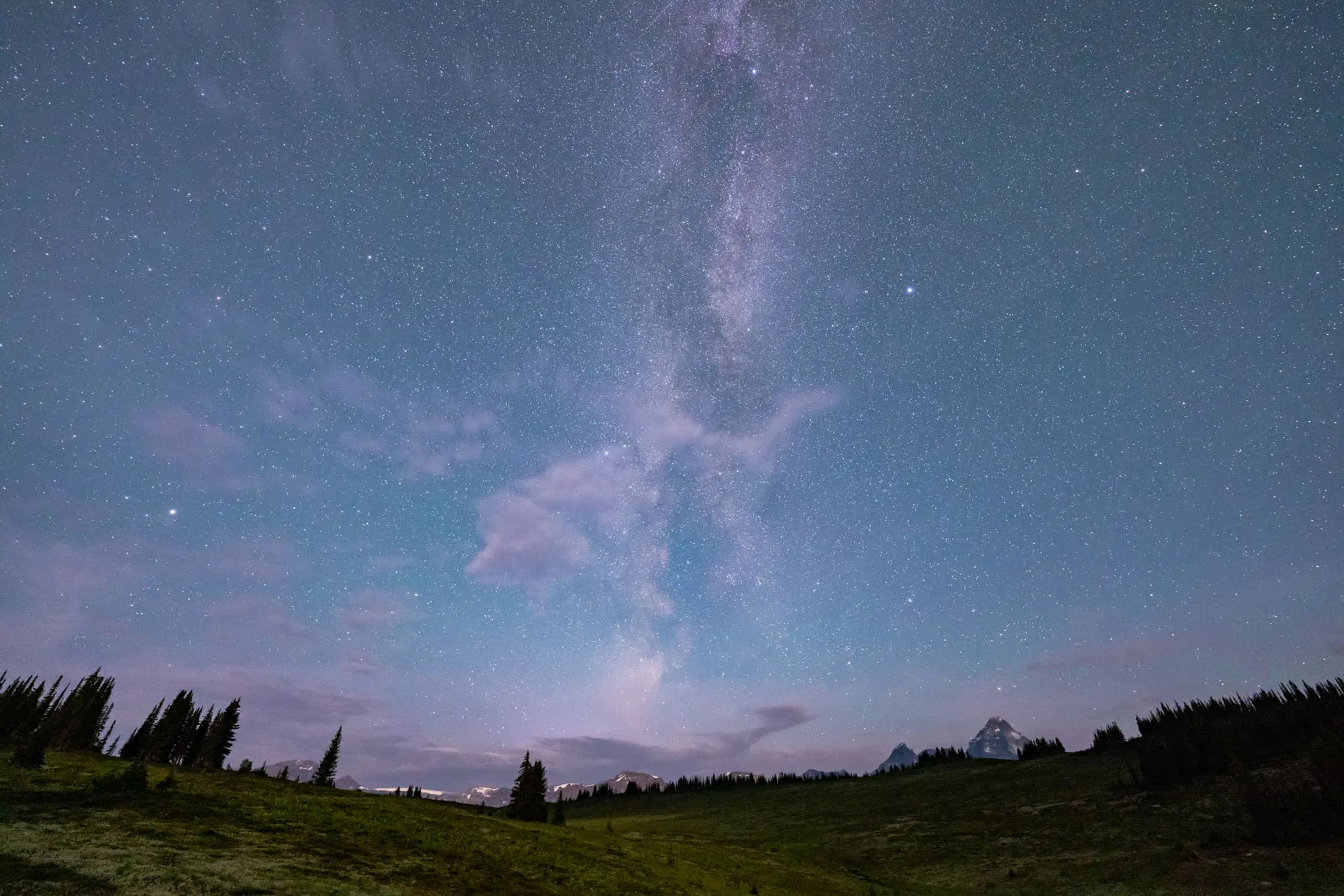 The Milky Way rising over a dark alpine meadow with a distant peak on the horizon