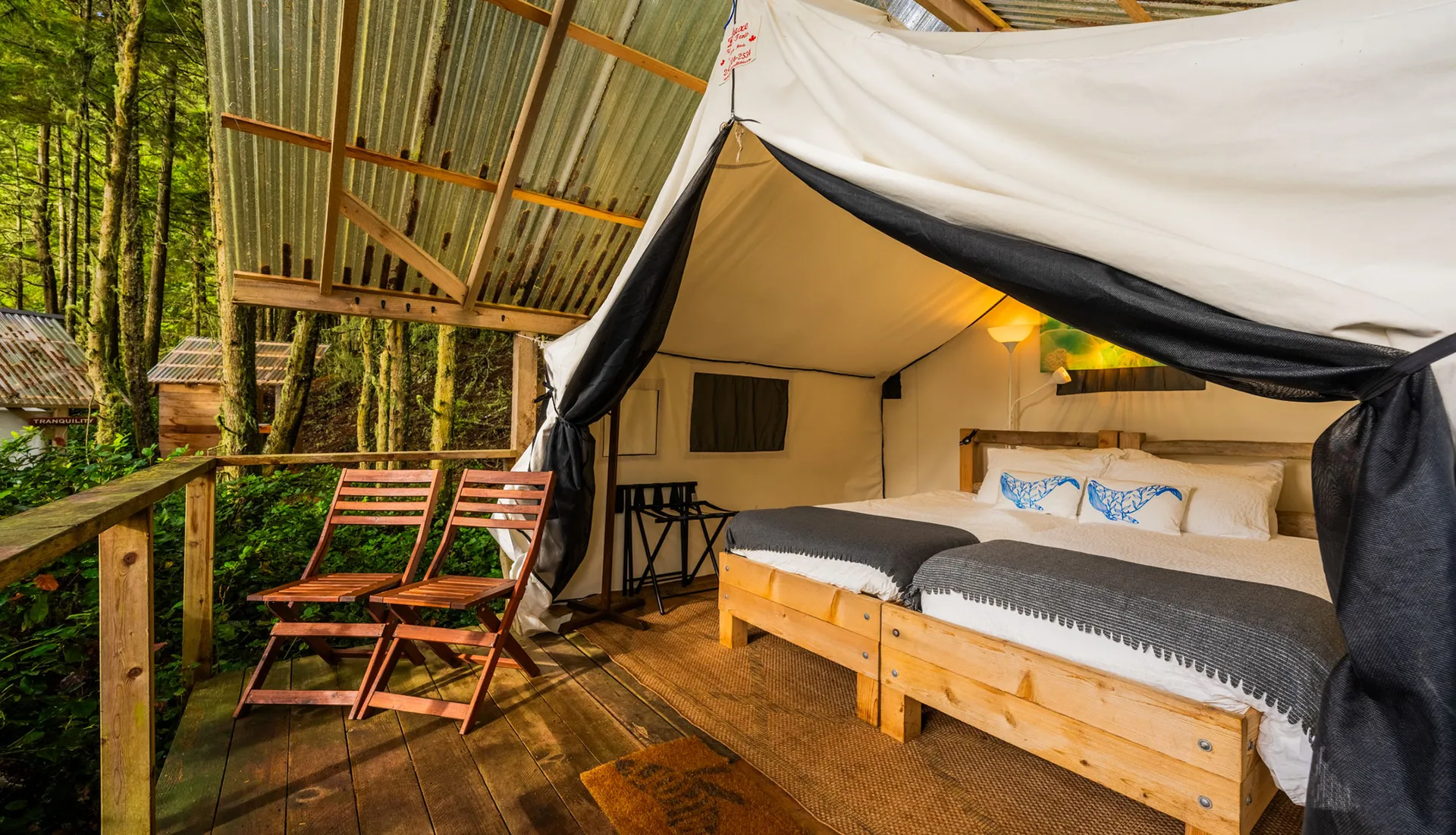 Walk-in safari tent with two made beds, a timber deck and folding chairs under a corrugated roof in the forest